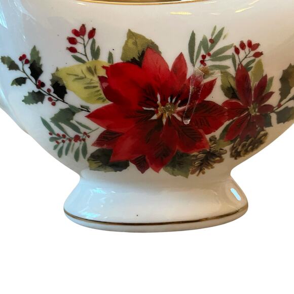 Grace Teaware Christmas Poinsettia Porcelain Footed Gravy Boat New - Picture 3 of 11